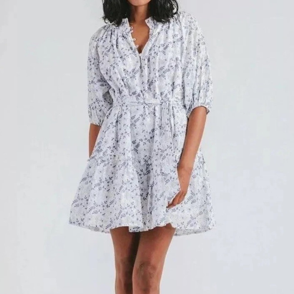 Cleobella Nevah Puff Sleeve Floral Mini Dress Blue White Belted Size L